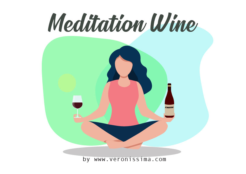 illustration of a woman meditating holding a glass and a bottle of wine