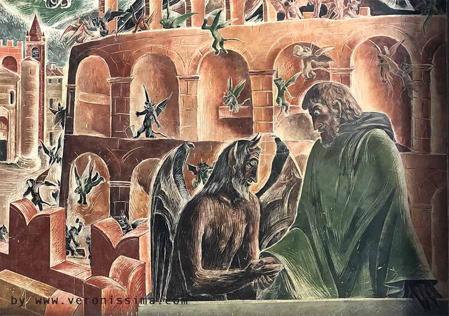 Affresco di Pino Casarini che raffigura i diavoli al lavoro per costruire l'Arena.