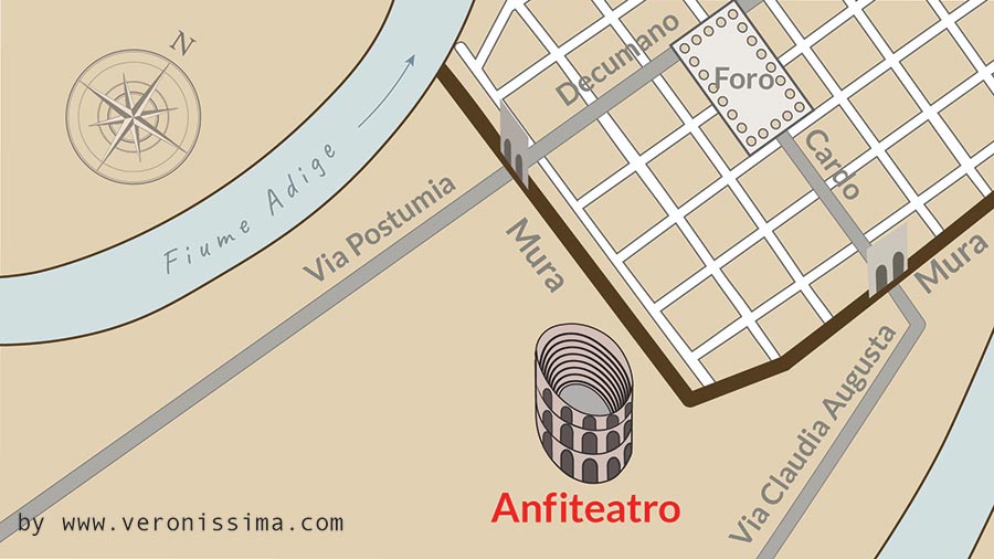 Mappa che mostra l'Arena di Verona fuori dalle mura cittadine