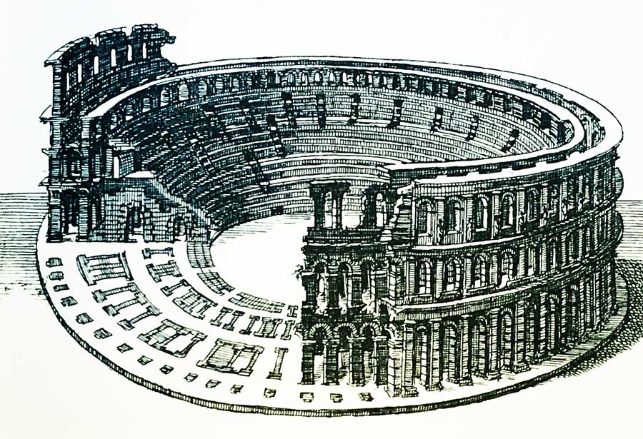 Incisione seicentesca che mostra uno spaccato della struttura interna dell'Arena di Verona