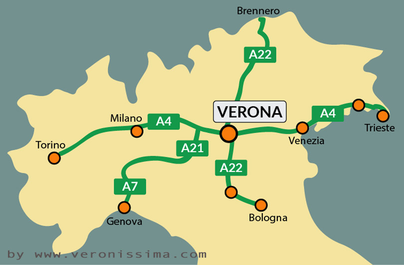 Map of main motorway in northern Italy and Verona in the middle