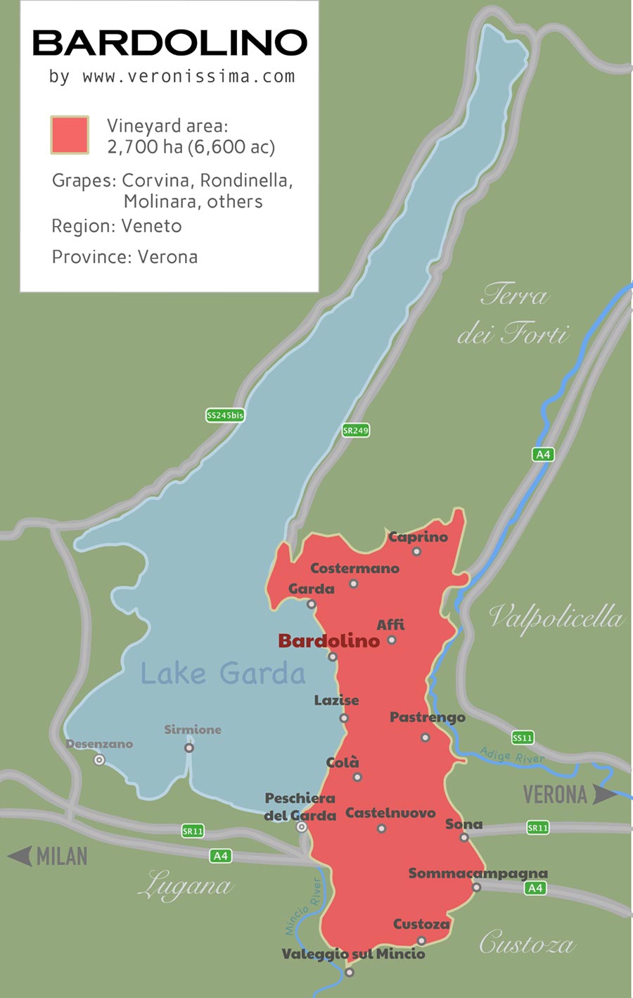 Bardolino DOC wine producing region map