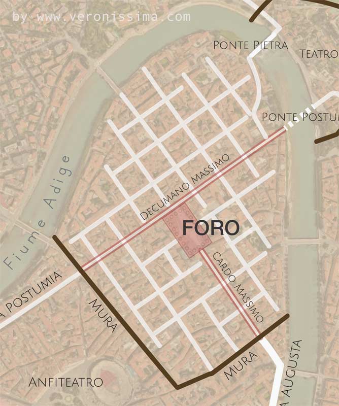 mappa di Verona romana con il foro