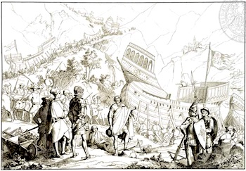 Engraving showing the transportation of battle ship through mountains