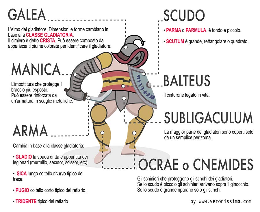 schema riassuntivo di tutto il vocabolario relativo all'equipaggiamento dei gladiatori