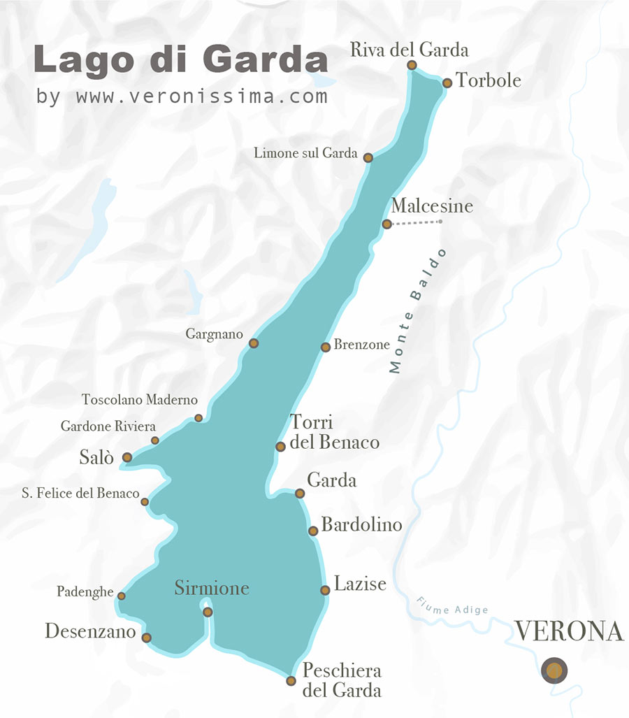semplice mappa del lago di Garda con i principali centri