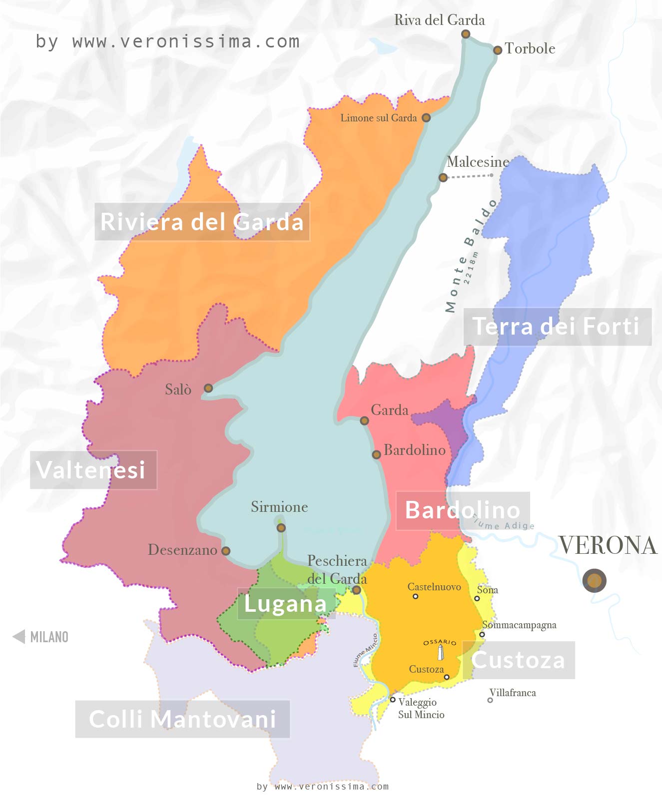 mappa con tutte le zone di produzione di vino attorno al lago di Garda
