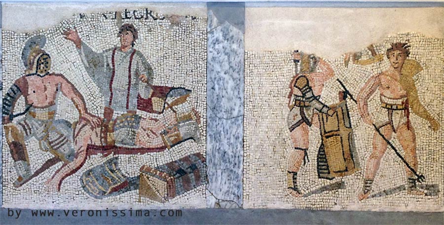 Mosaico romano con scene di lotte di gladiatori