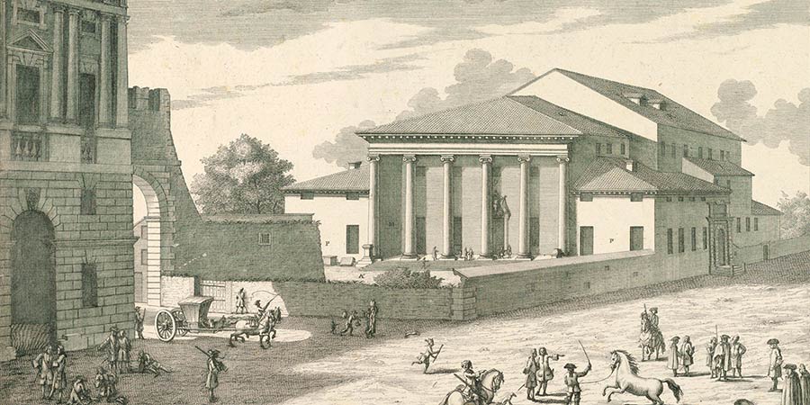 Old print showing the construction of Verona Philarmonic Theater