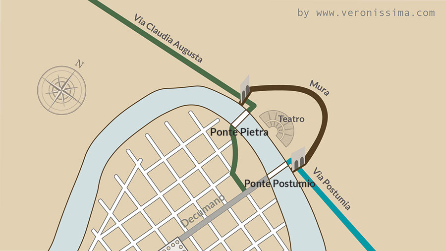 mappa di Verona romana con ponte Pietra