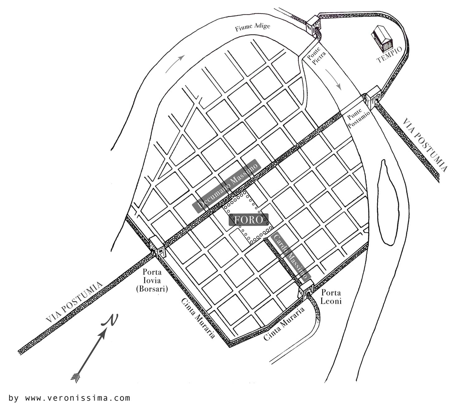 mappa di Verona Romana nel I secolo a.C.