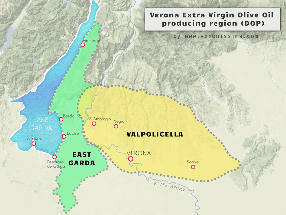 mappa con le zone di produzione di olio extra vergine di oliva DOP a Verona