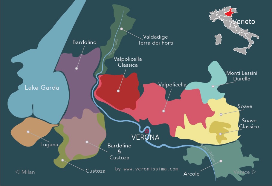 Map of wine regions around Verona