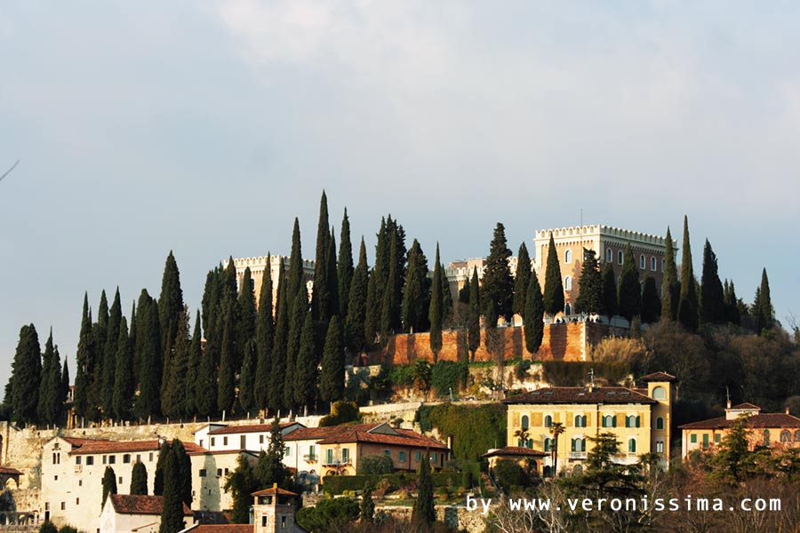 Castel San Pietro sulla cima del colle circondato dai cipressi