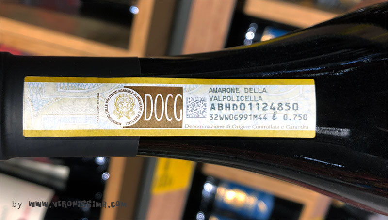 DOCG tag on the neck of a bottle of Amarone
