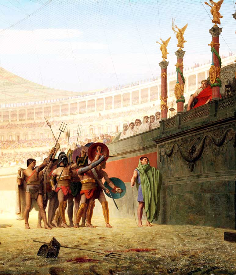 Un gruppo di gladiatori nell'anfiteatro saluta l'imperatore