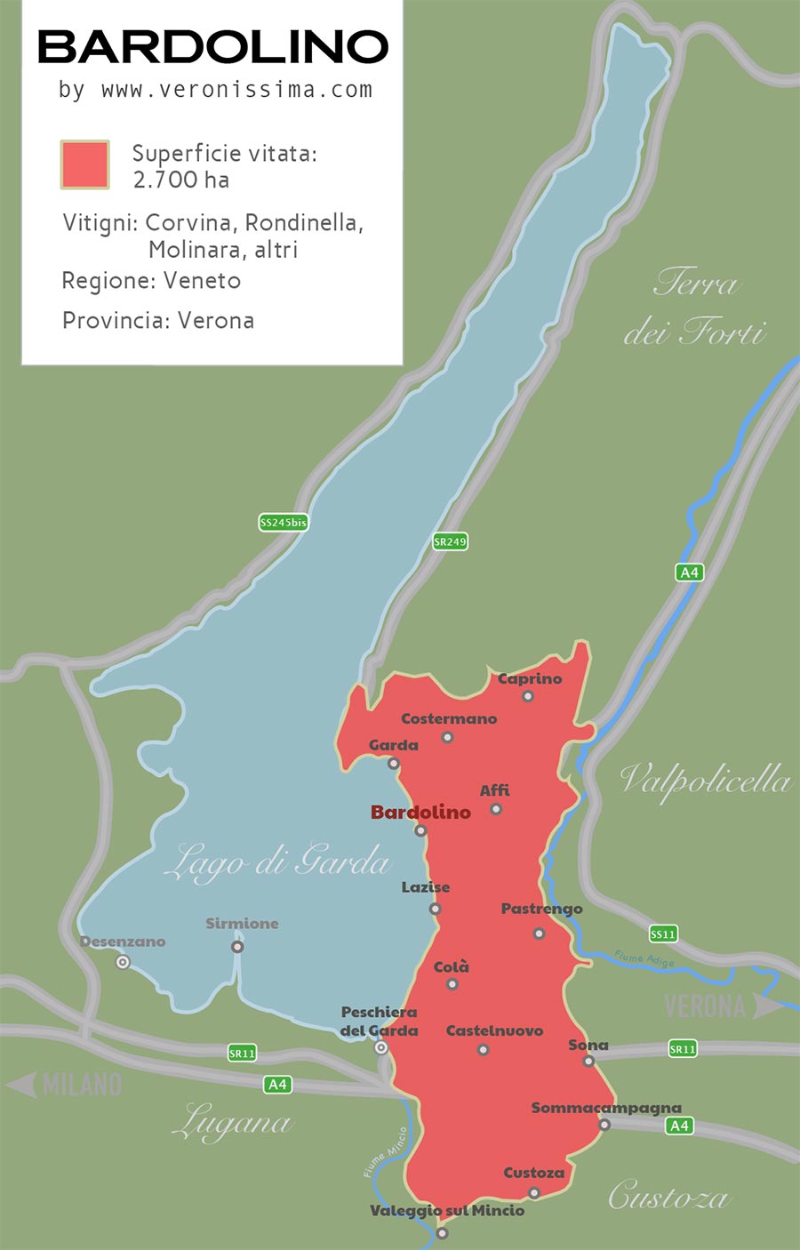 la mappa della zona di produzione del Bardolino DOC