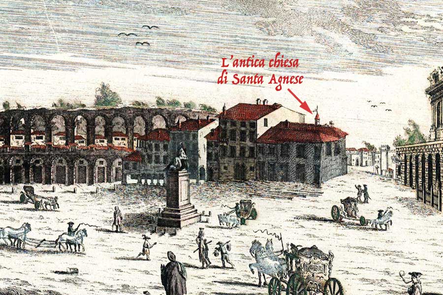 antica stampa che mostra chiesa di Santa Agnese in piazza Bra a Verona