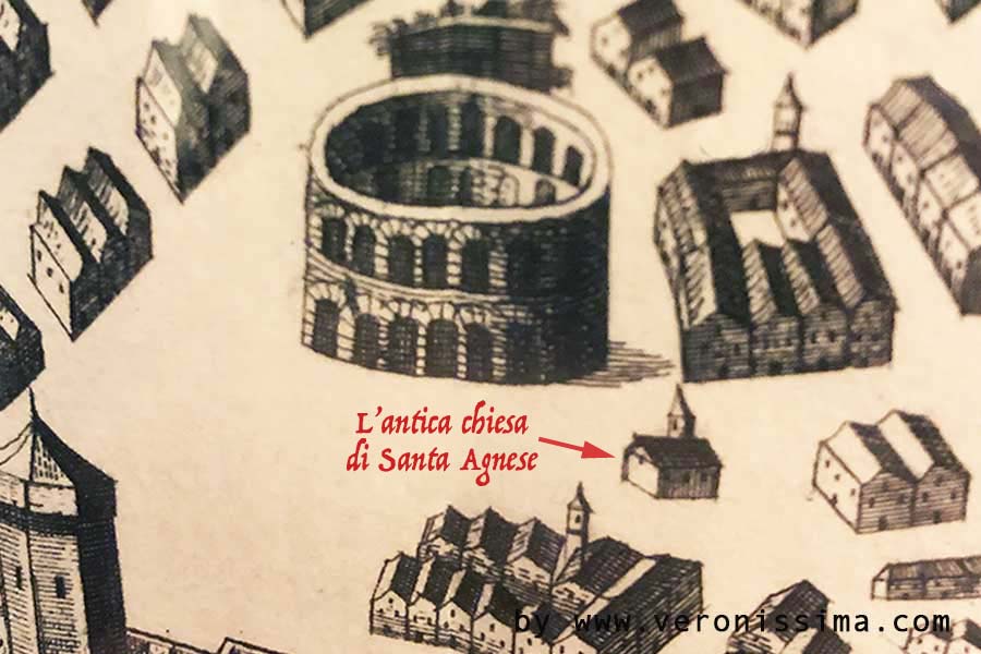 antica mappa che mostra chiesa di Santa Agnese in piazza Bra a Verona