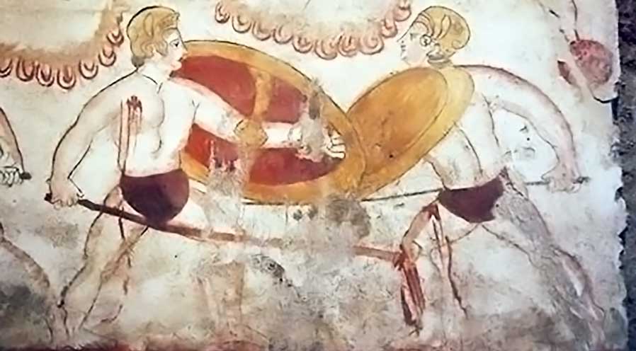 due uomini armati combattono in un dipinto nelle tombe di Paestum