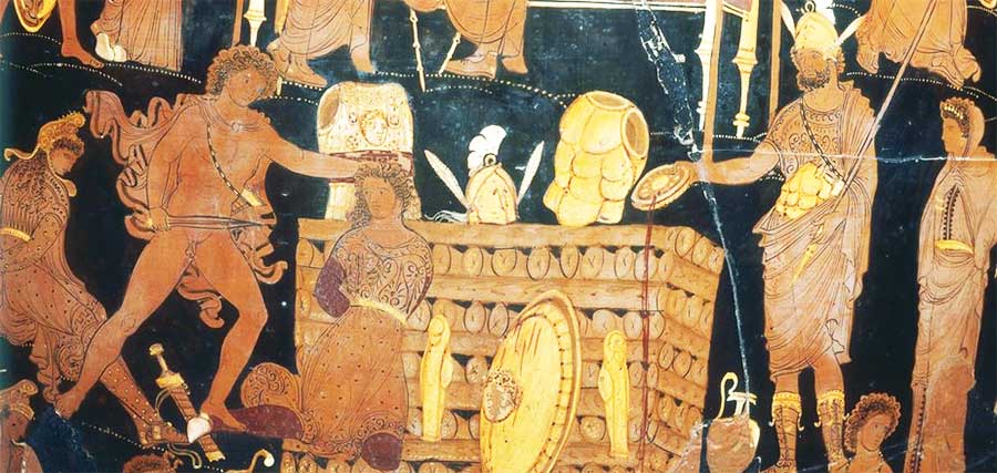 un guerriero acheo sacrifica un prigioniero troiano ai funerali di Patroclo
