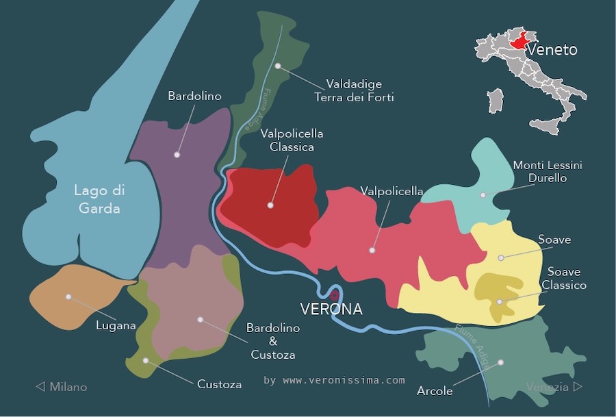 mappa con tutte le zone di produzione di vino di Verona