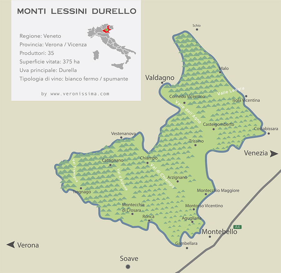 mappa della zona di produzione del Monti Lessini Durello