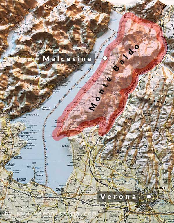 mappa che mostra la posizione del monte Baldo rispetto al lago di Garda e a Verona