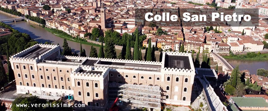 La cima di colle San Pietro a Verona con la caserma austriaca e il panorama di Verona sullo sfonto