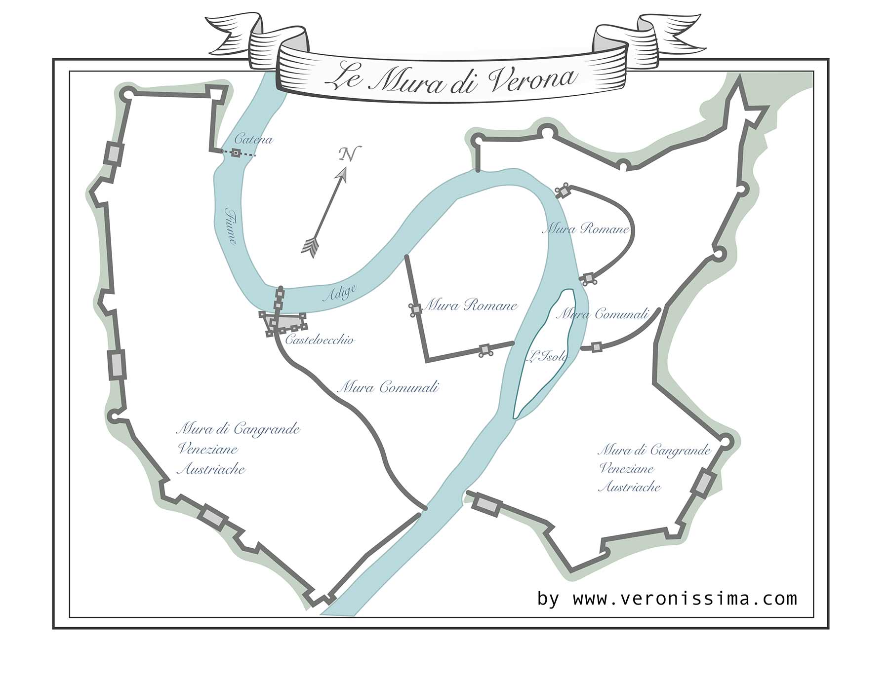 mappa delle mura di Verona nelle varie epoche