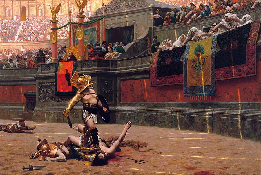 un gladiatore sconfitto chiede la grazia al pubblico che invece fa il gesto del pollice verso