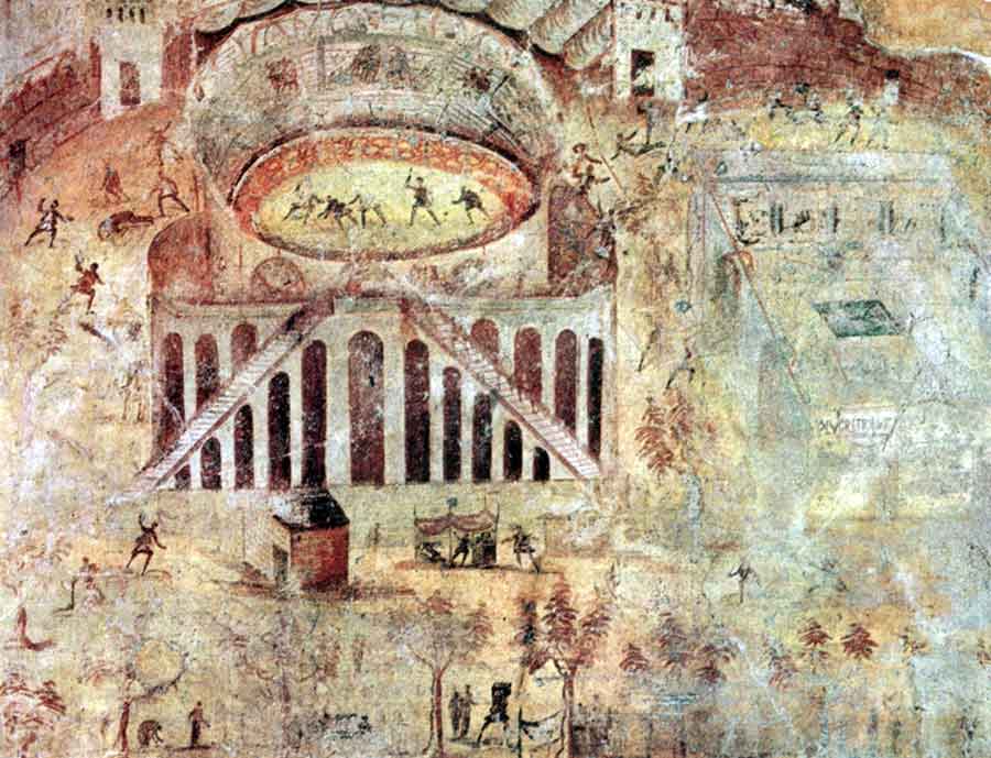 affresco di una casa di Pompei che raffigura la rissa tra tifosi all'anfiteatro