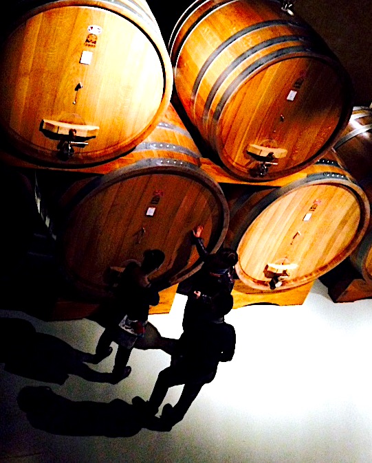 Three people walking among barrels of Amarone inside a wine cellar