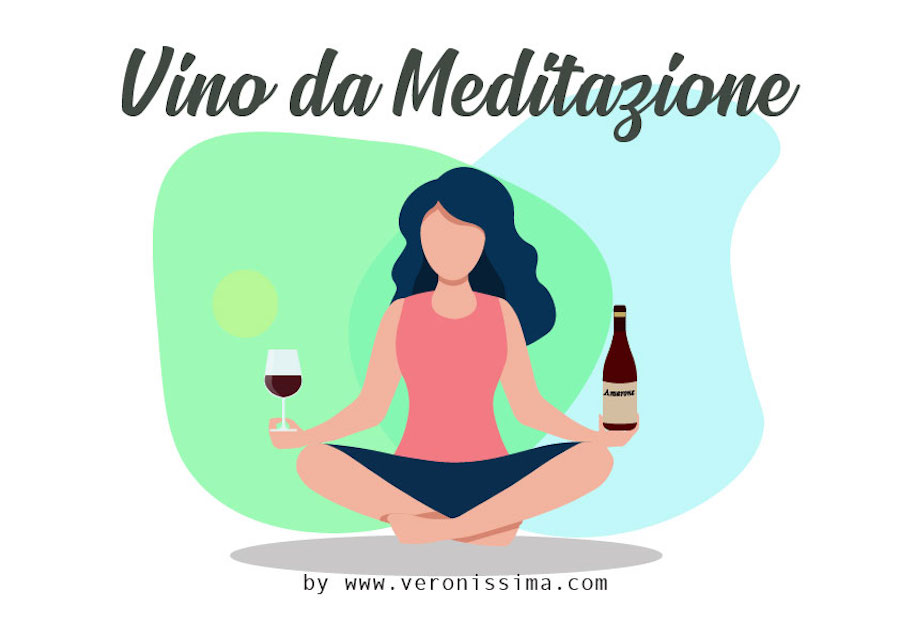 illustrazione di una donna che medita con una bottiglia e un bicchiere di Amarone nelle mami